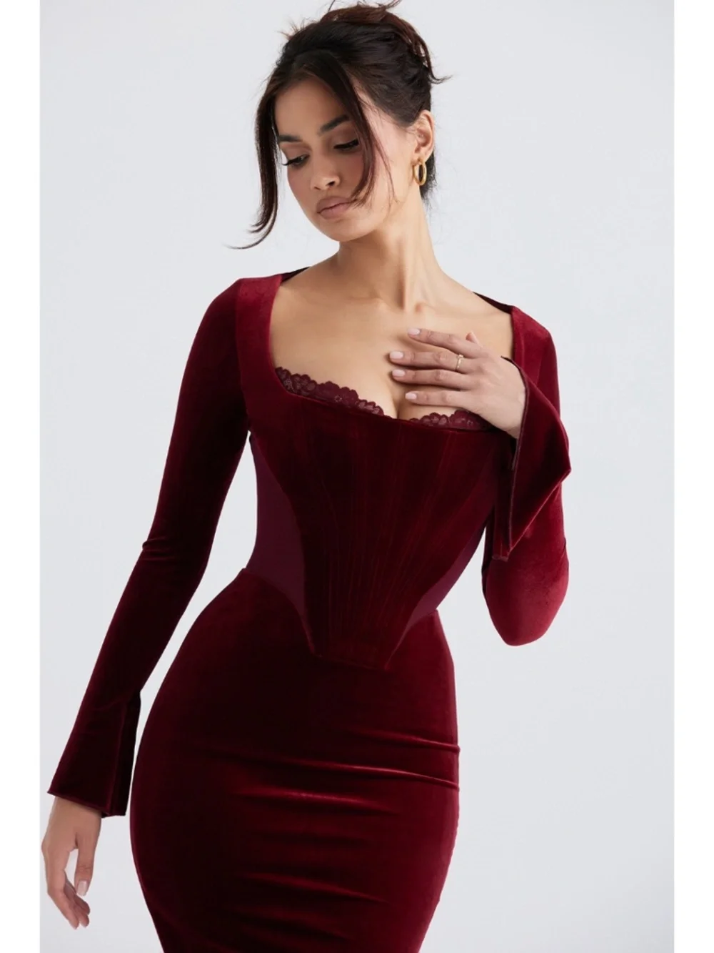 NEW House of CB Solaine Velvet Dress Wine Large